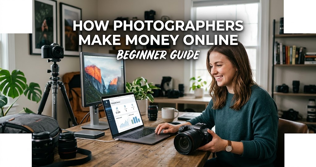 Photographer earning money online with laptop and camera